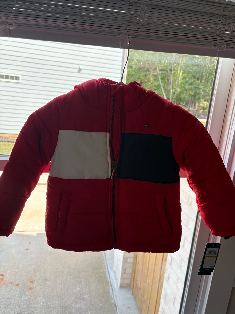 Tommy Hilfiger Red Colorblock Puffer Jacket with Hood
